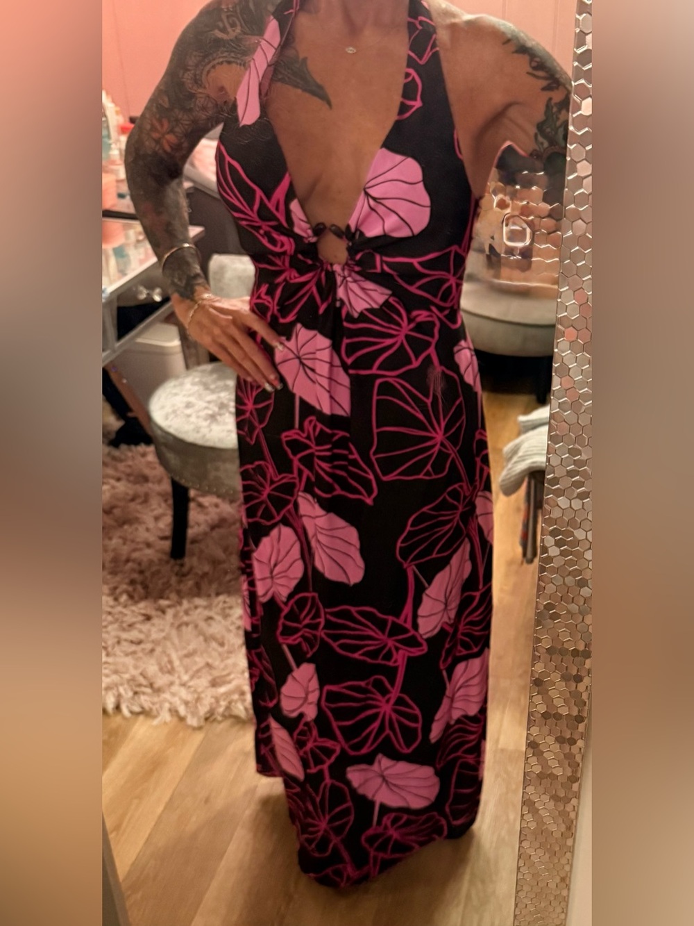 Fighting Eel Pink & Black Floral Maxi Dress